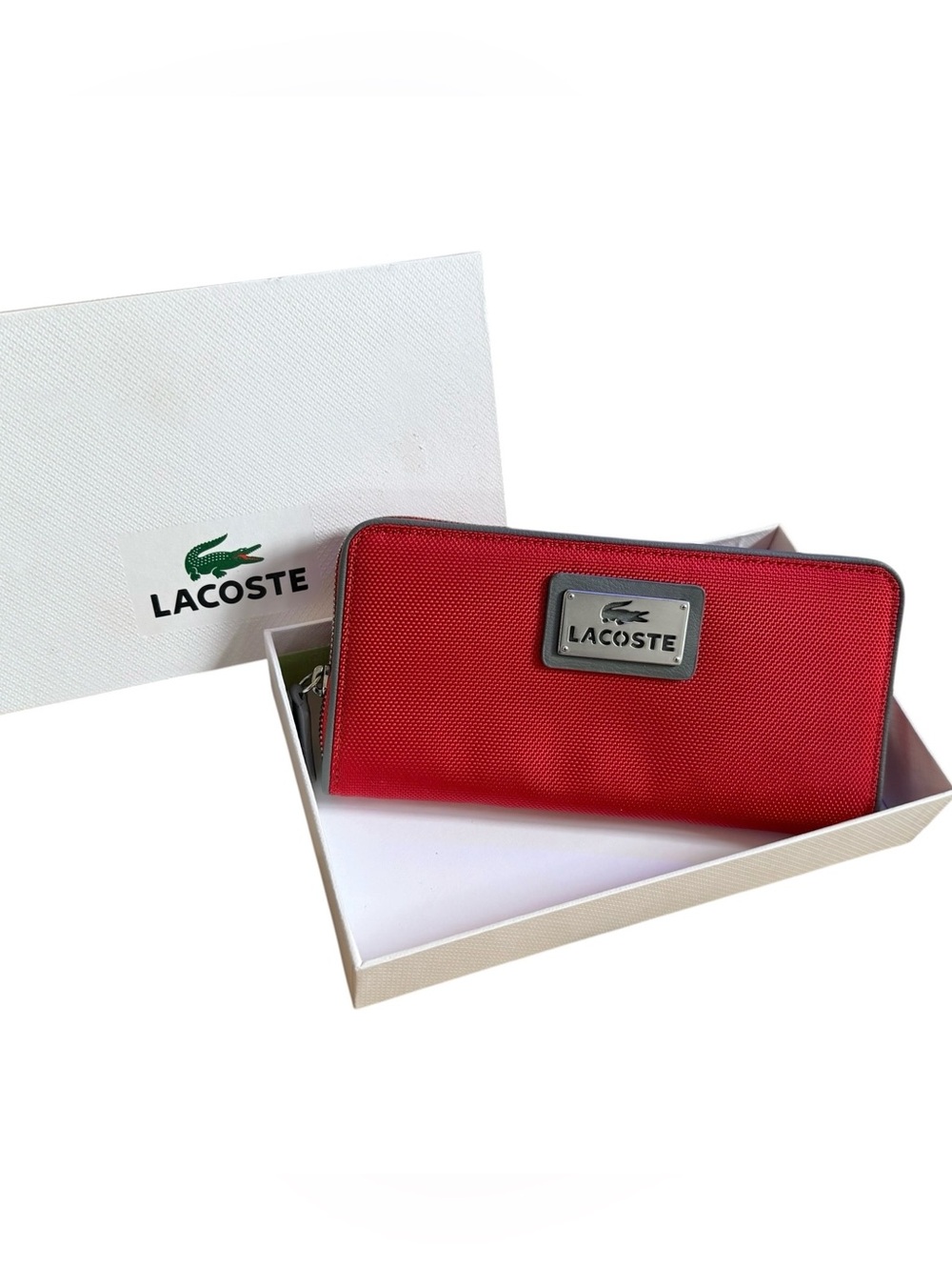 Lacoste Large Zip Around Wallet Red Flame Scarlet Gray Trim